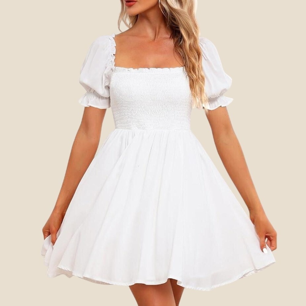 Holipick Womens Mini Dress XL White Viscose Smocked Puff Sleeve Cottagecore Boho